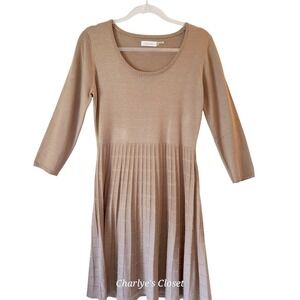 Calvin Klein Knit Drop Waist Tan Check‎ Pleated Midi Sweater Dress M Casual Work